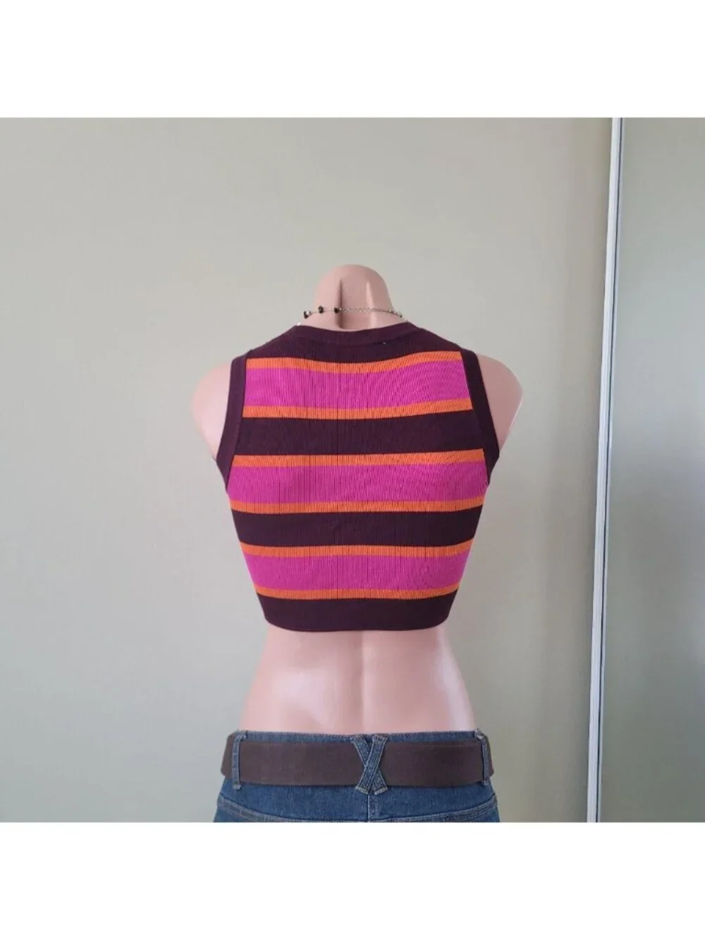 Zara Tangerine &amp; Bubblegum Contrast Knit Striped Summer Tank Top (S) - Picture 4 of 5